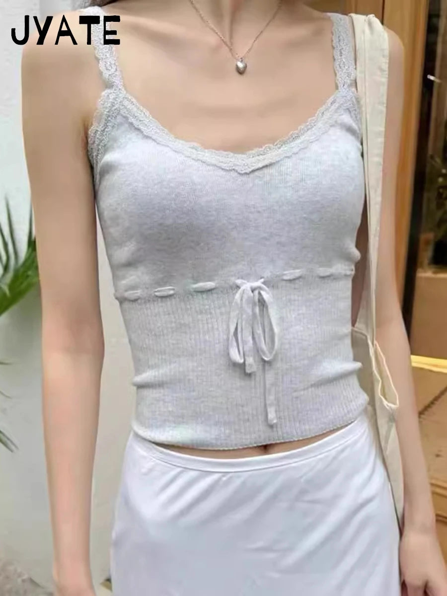 Lace Trim V-neck Knitted Camisole Women Summer Cotton Soft Casual Waist Lace-up Sleeveless Vests Vintage Gray Sweet Tank Top Y2K
