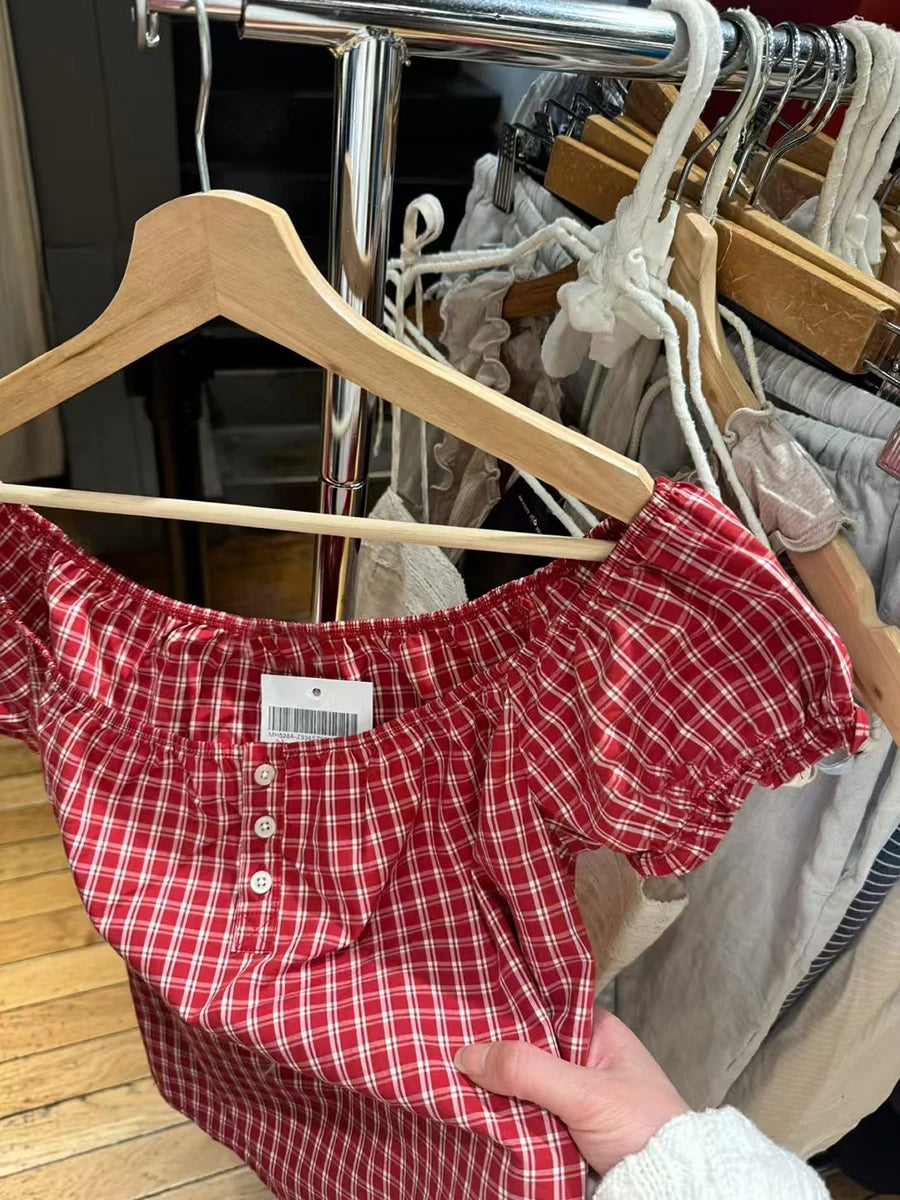 Red Plaid Ruffle Lace-up Cotton Short Sleeve Tees Women Casual Streetwear Button Tops Female Vintage Sweet Cute Y2K T-shirts