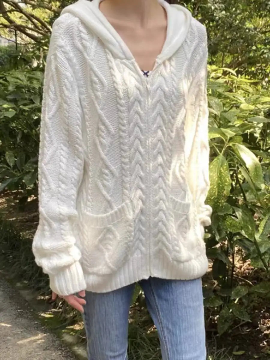 Twist Flower Beige Buttons Slim Sweater Women Autumn Pocket Hooded Long Sleeve Knitted Hoodie Sweet Preppy Style Simple Sweaters