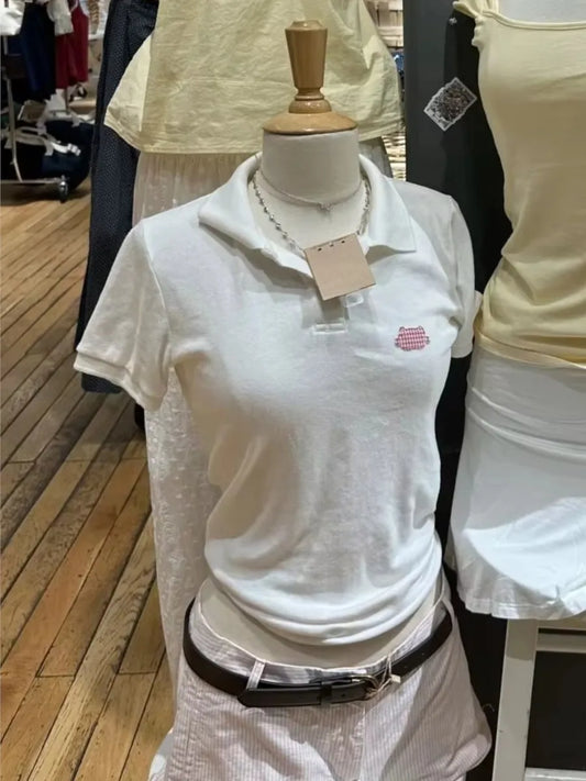 Cute Cat Plaid Polo T-shirt Women Summer New Strweetwear Cotton Turn Down Collar Short Sleeve Tees Sweet Preppy Style T Shirt