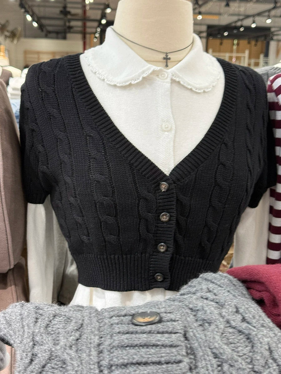 Solid Twist Flower Knitted Cropped Cardigan Woman V-neck Single Breasted Short Sleeve Crop Tops Autumn Sweet Cotton Knitwear New