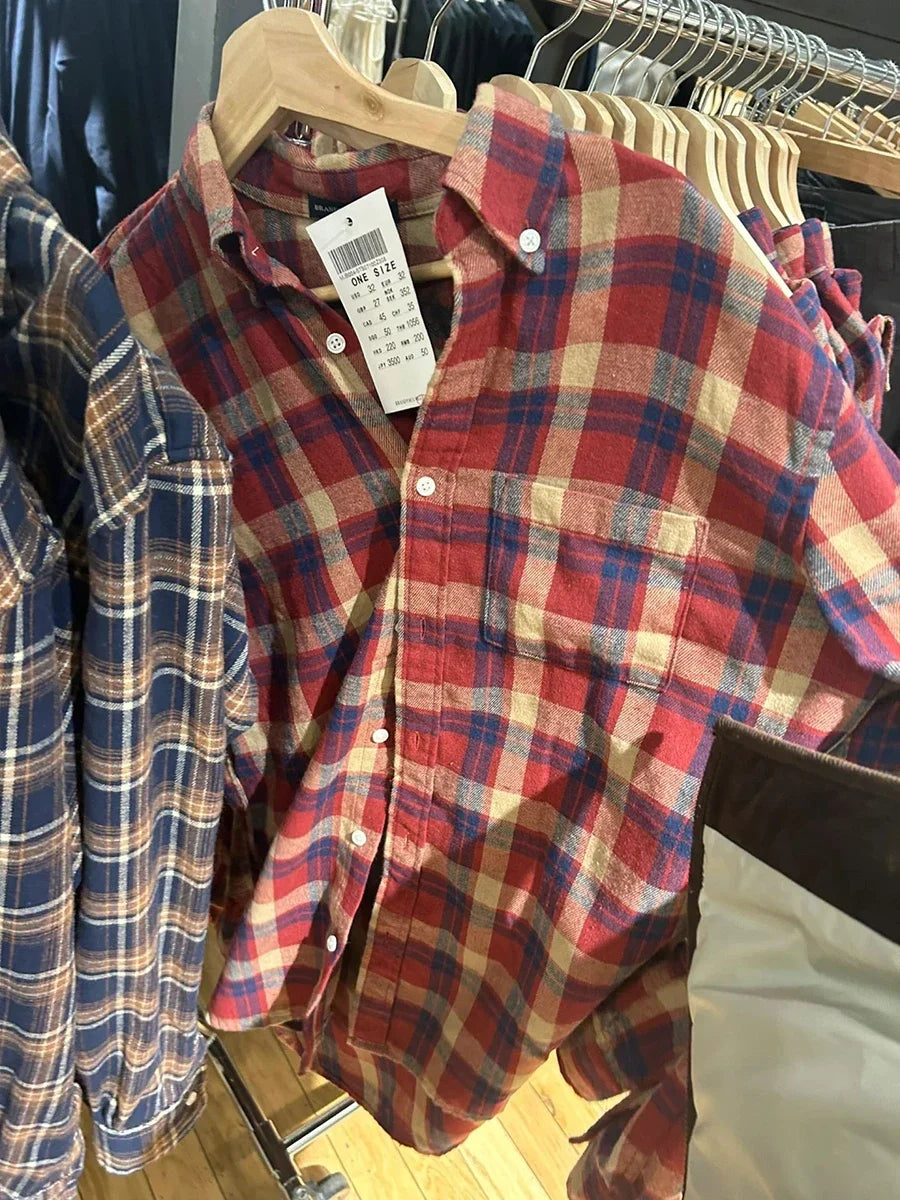 Chic Red Plaid Pocket Cotton Shirts Autumn Turn Down Collar Single-Breasted Cozy Loose Blouse Vintage Streetwear Oversized Tee