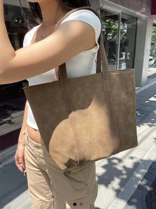 Vintage Brown Pu Tote Bag Four Season American Chic High Capacity Lady Shoulder Bags School Style High Street Fashion Handbags