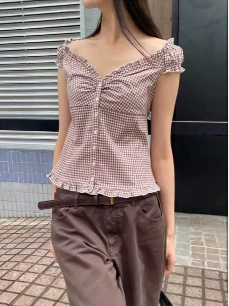 Retro Plaid Slim T-shirts Blouse Women Ruffles Single Breasted V-neck Short Puff Sleeve Shirt Vintage Preppy Style Sweet Tops
