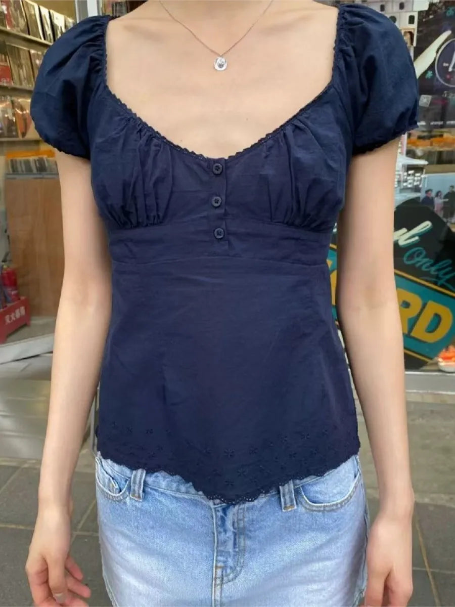 Vintage Navy Lace Trim T-shirts Women Summer New Casual Streetwear Buttons Short Sleeve Tees American Cute Tshirt Tops Y2K