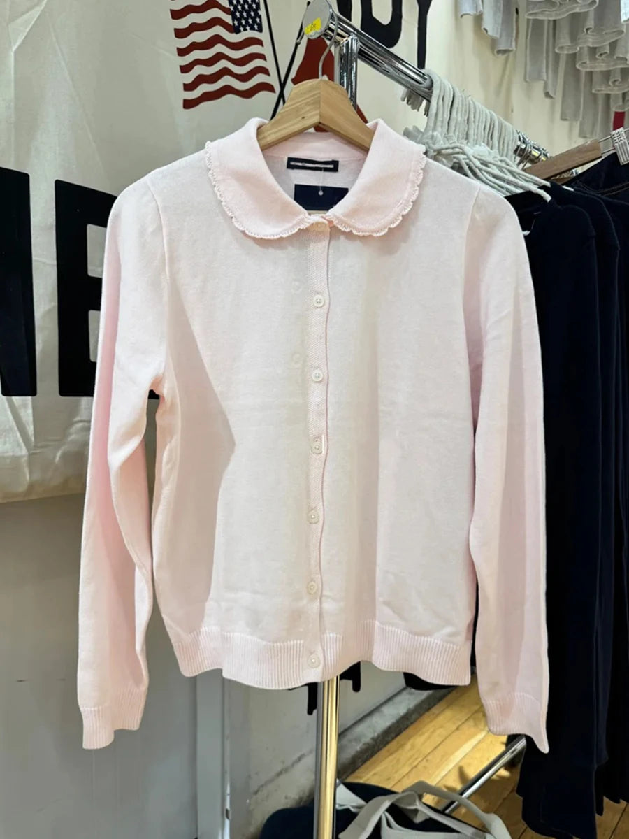 Simple Gray Pocket Babydoll Top Cardigan Women Autumn New Peter Pan Collar Cotton Knitted JumperPreppy Style  Sweet Cute Sweater