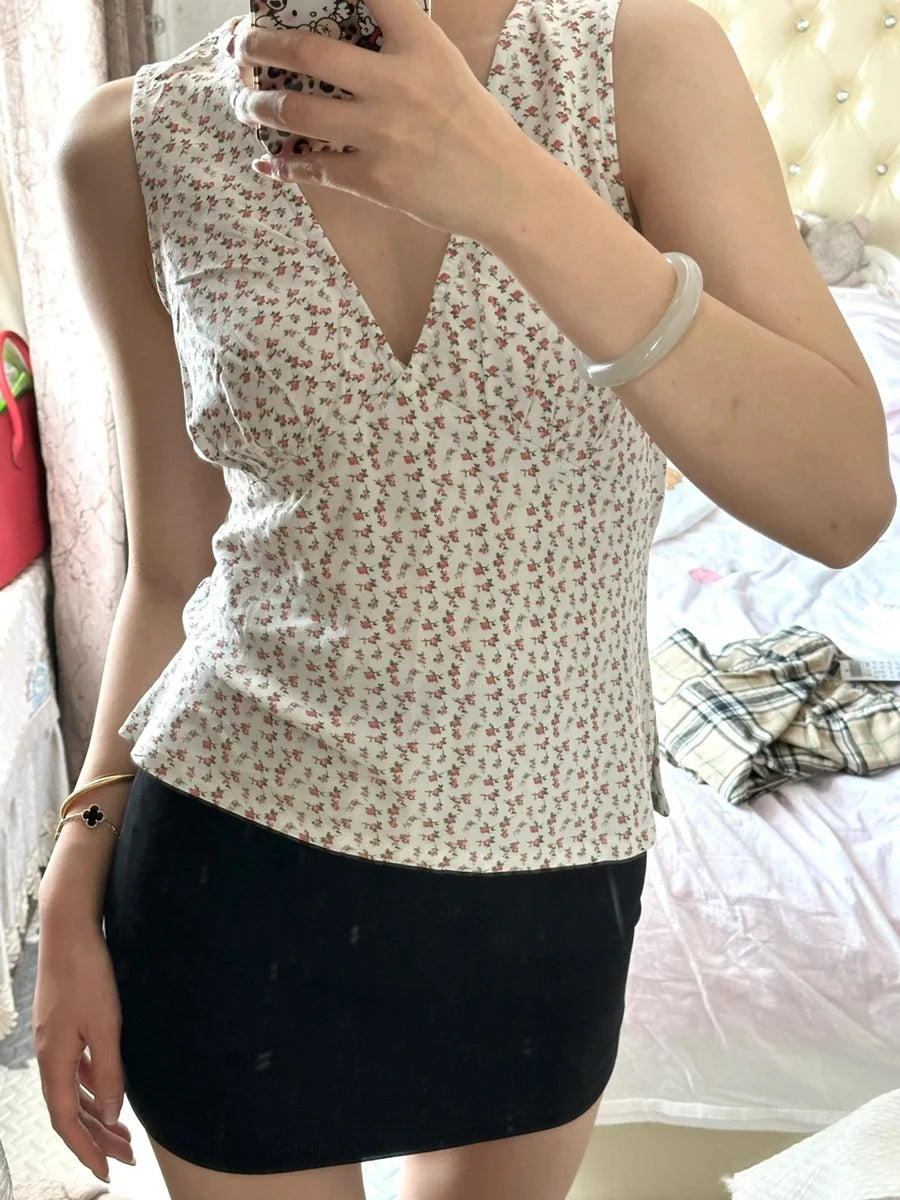 Red Floral Sexy Deep V-neck Tank Tops Women Summer New Lace-up Slim Sleeveless Camisole Vintage Streetwear Sweet Vests Y2K Top