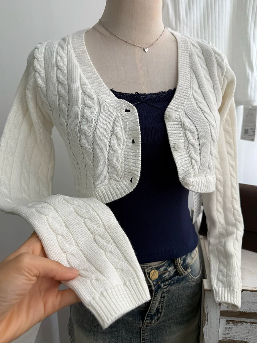 Twisted Flower Cropped Knitwear Women Cotton  V-neck Long Sleeve Slim Crop Tops Sweater Sweet Vintage Chic Zoa Cardigan