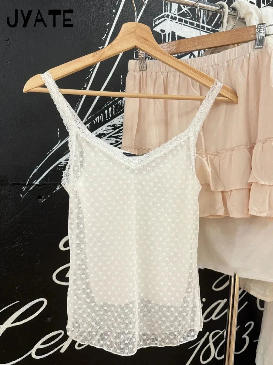 Harajuku Hearts Jacquard Sexy Sheer Crop Tops Women Casual Slim Thin Lace Trim Sleeveless Vests Vintage Chic Mesh Camisole Y2K