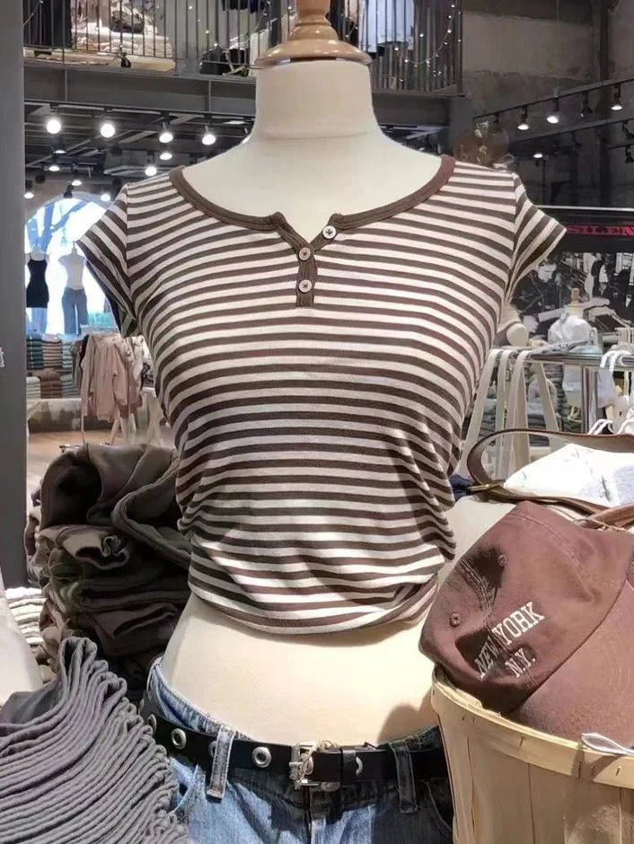 Pink Striped Slim Buttons T-shirts Women New Cotton O-neck Casual Simple Basic Short Sleeve Tees Sweet Cute Girls Tshirt Y2K Top