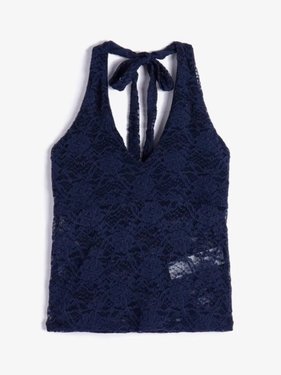 Lace See Through Halter Neck Tank Tops Women New Casual Sexy Streetwear Cotton V-neck Sleeveless Vests Sweet Chic Vintage Camis