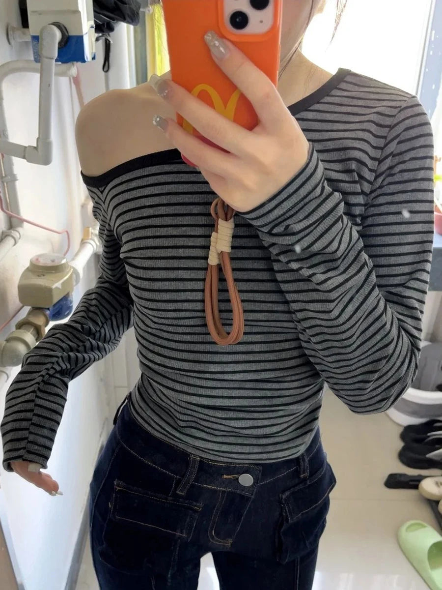 Vintage Striped Irregular Neck Long Sleeve T-shirt Women Autumn Cotton Slim Tee Shirts Female Sweet Streetwear Y2K Tshirt Tops