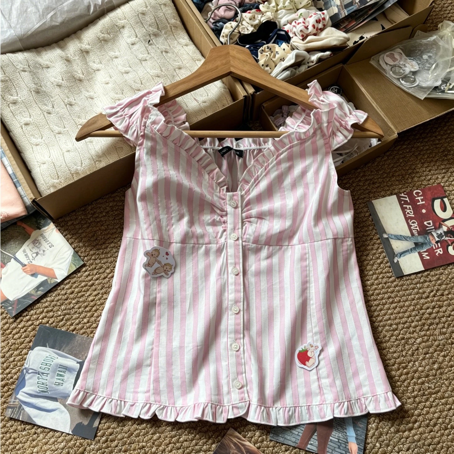 Pink Striped Puff Sleeves Tees Women Simple Pretty Versatile Blouse with Short Sleeve Tops Sweet Preppy Style Cute T-shirts Y2K