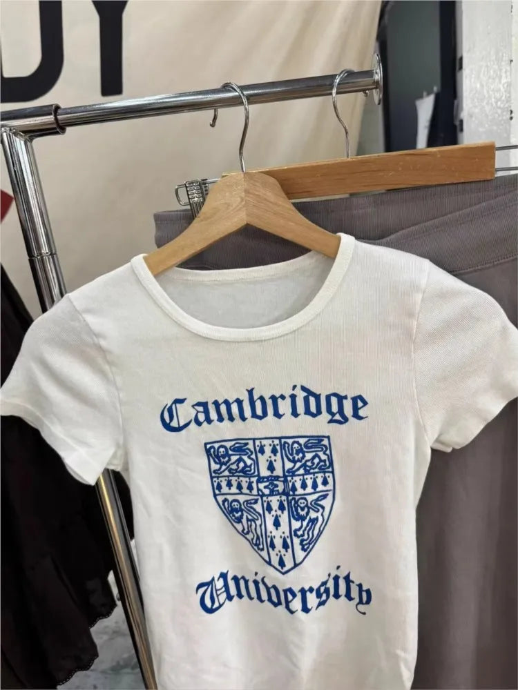 Geometric Print Slim T-shirts Woman O-neck Short Sleeve Cotton Tee Tops Female Summer Casual Sweet Preppy Style Tshirts Y2K