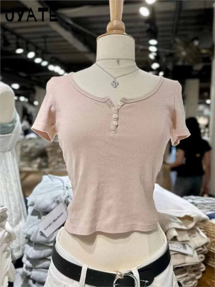 Sweet Pink Buttons Short Sleeve Tee Female New Cotton Soft Casual O-neck Simple Basic Tops Women Cute Chic Harajuku T-shirts Y2K