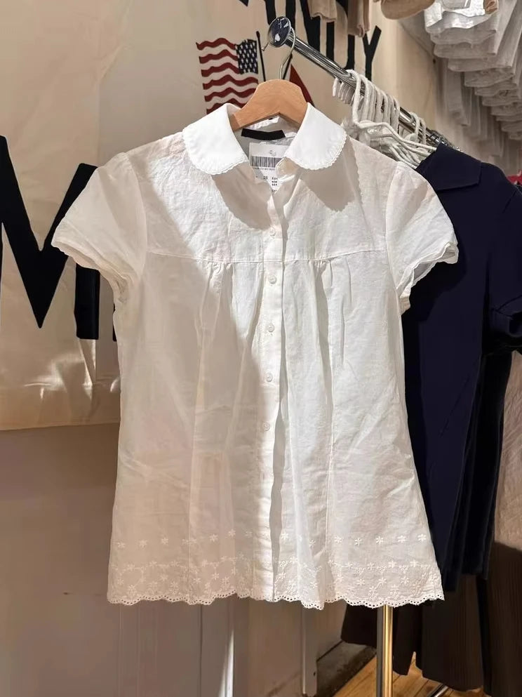 Cute Pink Plaid Peter Pan Collar Blouse Women New Casual Streetwear Buttons Short Sleeve Tee Sweet Preppy Style T-shirts Y2K Top