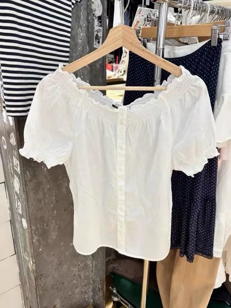 White Fungus Short Sleeve T-shirts Women Summer New Casual Streetwear Buttons Tees Female Elegant Sweet Cute Tshirt Y2K Tops