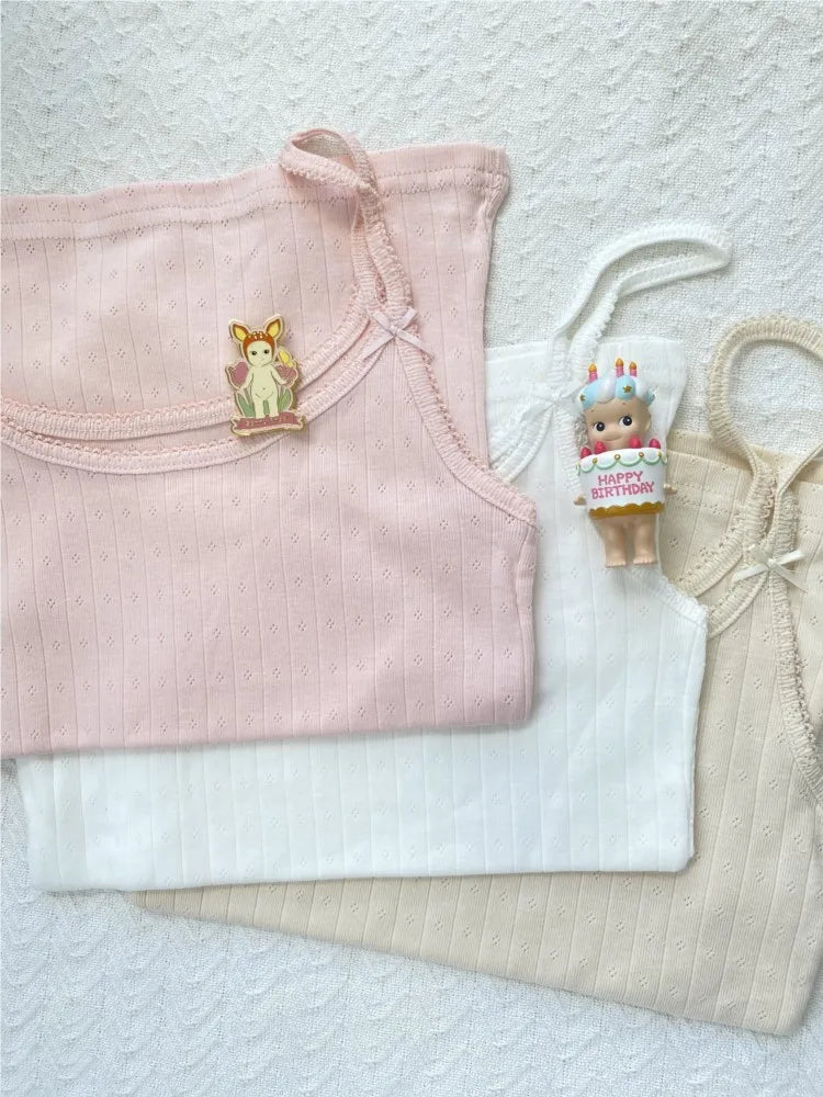 Lace Trim Eyelet Bow Tank Tops Women Cotton Soft Casual Solid Slim Basic Sleeveless Vests Sweet Cute Preppy Style Camisole