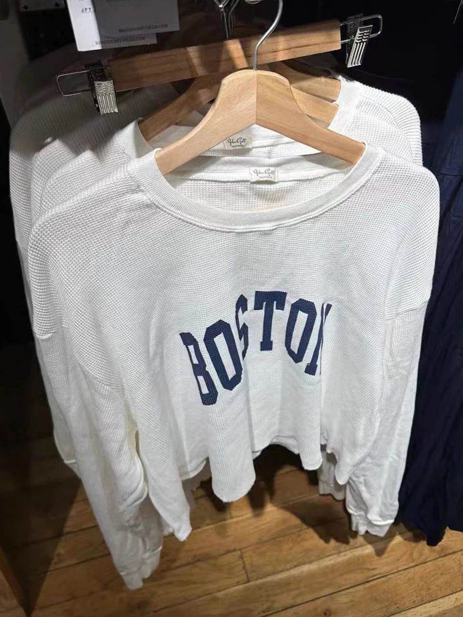 Waffle Letter Print Loose Long Sleeve Tees Women New Cotton White Raw Hem O-neck Tops Female Fashion Vintage Chic Y2K T-shirts