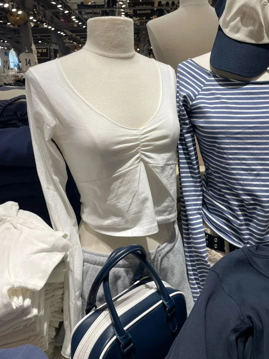 Sexy Folds White Long Sleeve Crop Top Women New V-neck Cotton Slim Simple Basic T-shirt Female Sweet Chic Cropped Tees Y2K Tops