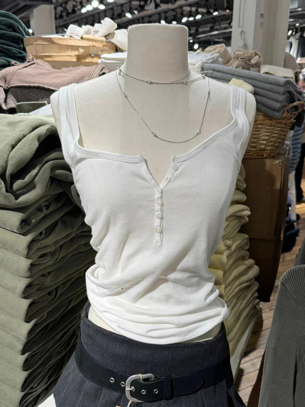 Six Buttons Army Green Slim Tank Top Woman Summer  Y2KStreetwear U Collar Sleeveless Cotton Vest American Vintage Basic Tops New