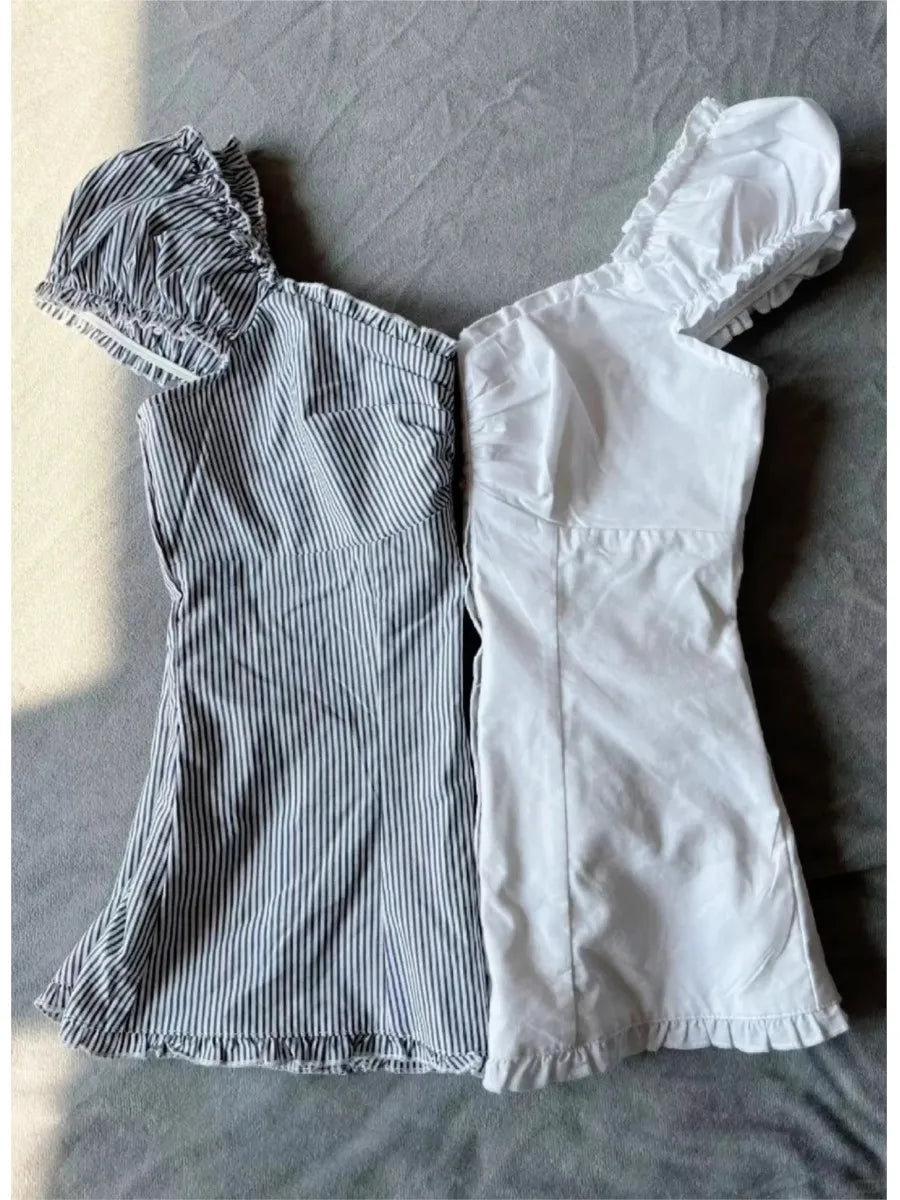 Blue Striped Folds Blouse Top Women New Casual Single Breasted Ruffle Sleeveless Tank Tops Vest Sweet Preppy Style Camisole Y2K