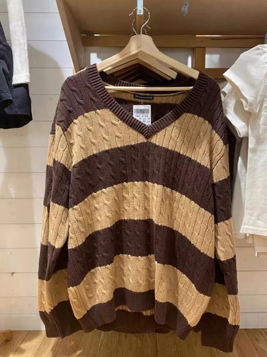 Fashion Twisted Floral Loose Knitted Sweater Women Autumn New V-neck Cotton Casual Chic Pullover Tops Streetwear Cute Jumper Y2K