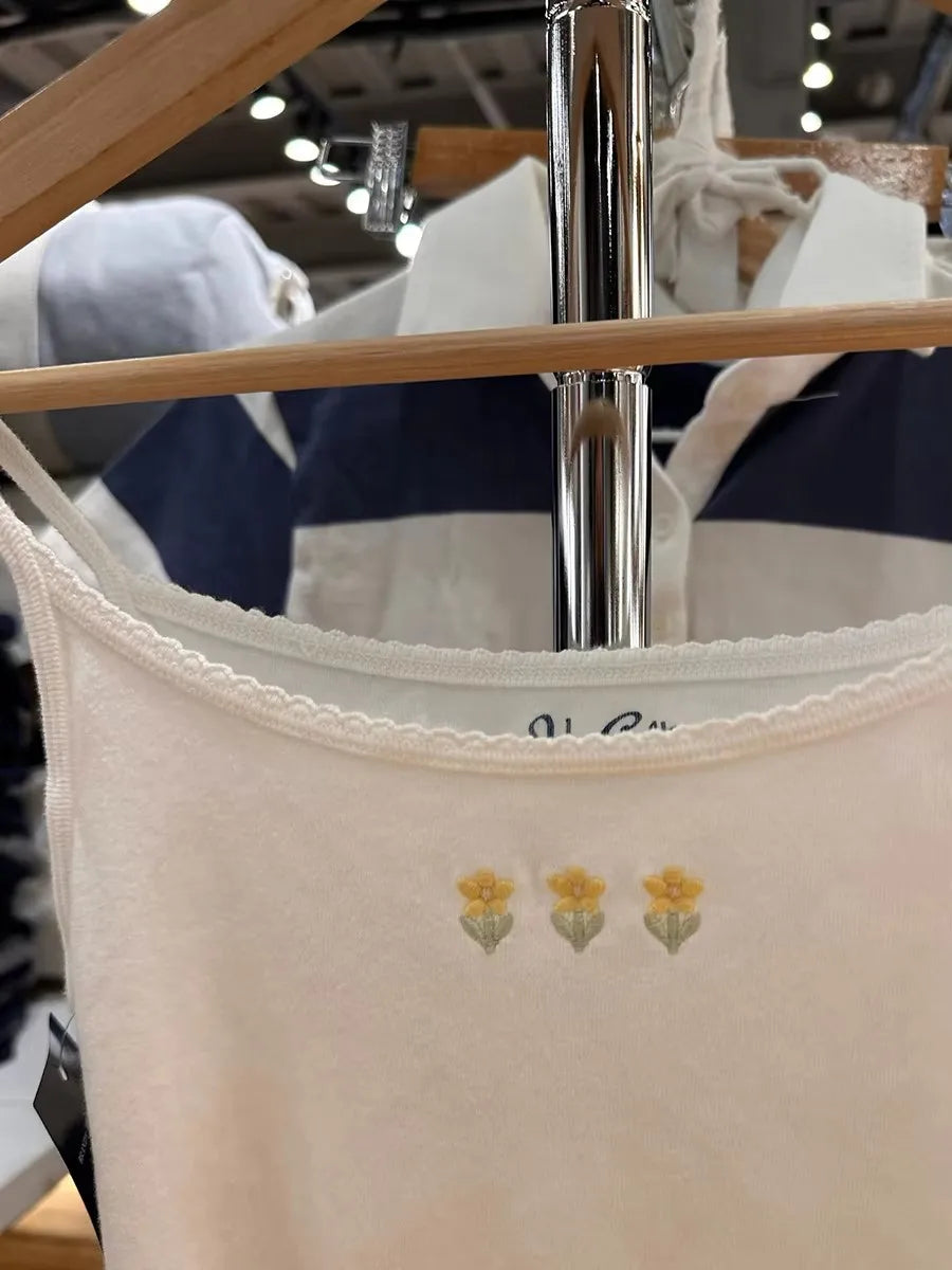 Three Floral Embroidery Slim Tank Top Women Preppy Style Lace Trim Cotton Camisole Female Vintage Sweet Cute Crop Top Y2K Vests