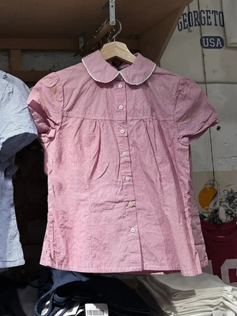 Retro Red Buttons Blouse Women Summer New Streetwear Lapel Short Sleeve Tees Sweet Vintage Cute Preppy Style T-shirts Y2K Tops
