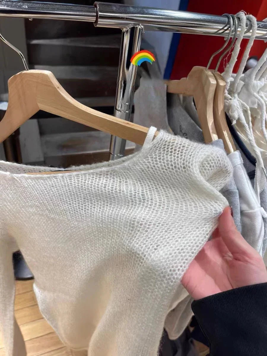 Beige Hollow Out Knitted Long Sleeve Tees Women Vintage Cotton Scoop Neck Thin Smock Tops Women Streetwear Casual T Shirt Y2k