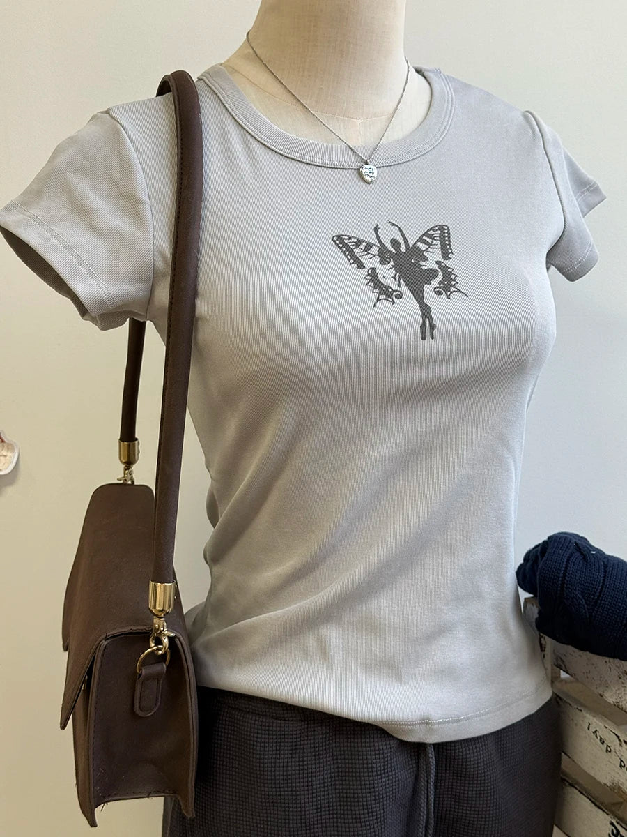 Fashion Letter Print Short Sleeve Tee Women New Casual O-neck Solid Streetwear Retro T-shirts Harajuku Vintage Chic Y2K Crop Top