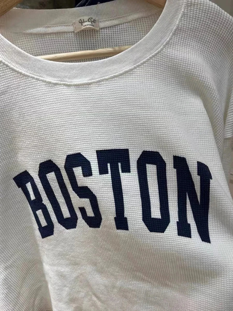 Waffle Letter Print Loose Long Sleeve Tees Women New Cotton White Raw Hem O-neck Tops Female Fashion Vintage Chic Y2K T-shirts
