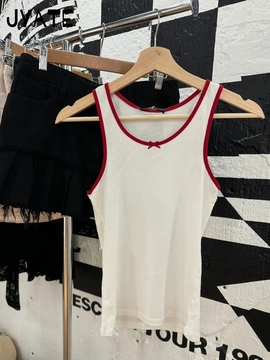 Sweet Bow U Collar Tank Tops Women Summer New Casual Streetwear Patchwork Sleeveless Vests Vintage Chic Preppy Style Camis Y2K