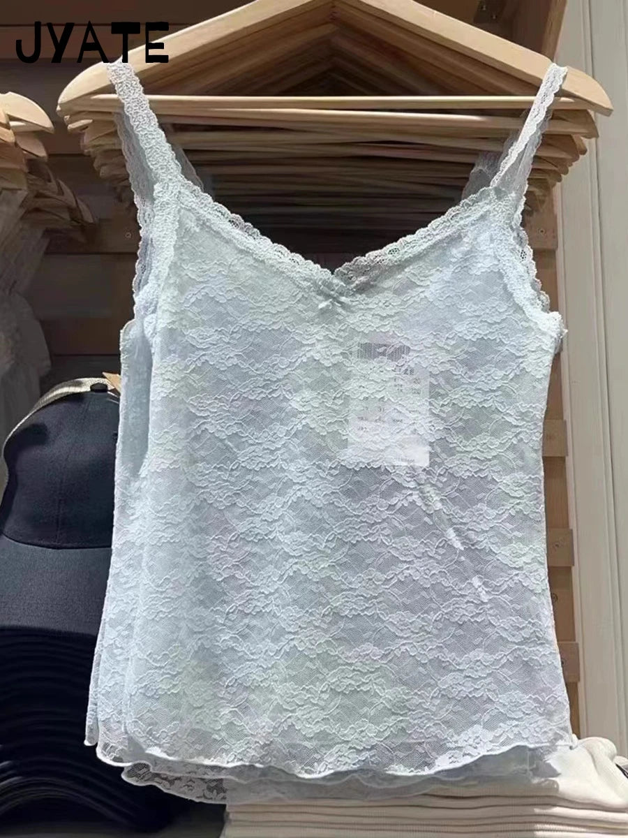 Blue Jacquard Sexy Sheer Tank Tops Women Summer New Streetwear Slim V-neck Bow Thin Sleeveless Vest Sweet Mesh Chic Camisole Y2K