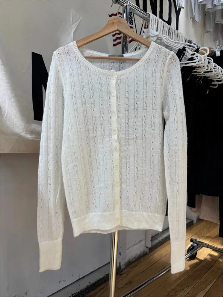 Hollw Out Mohair Long Sleeve T-Shirt Cardigan Women Autumn V-Neck Cotton Thin Smock Button Top Vintage Sweet Cute Tee Shirt Y2K