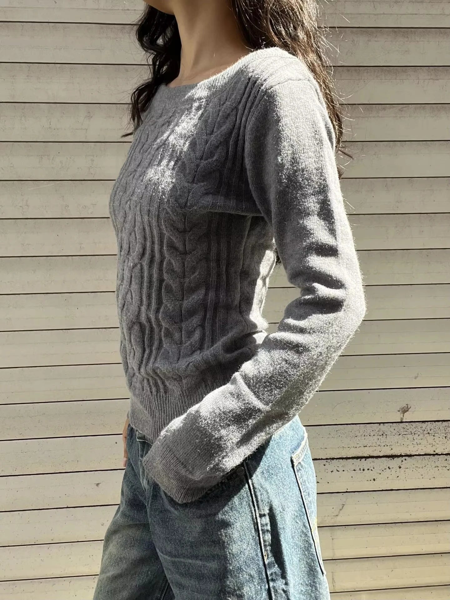 Gray Slash Neck Slim Knitted Sweater Women Casual Long Sleeve Cotton Pull Sweaters Vintage Simple Preppy Style Jumpers