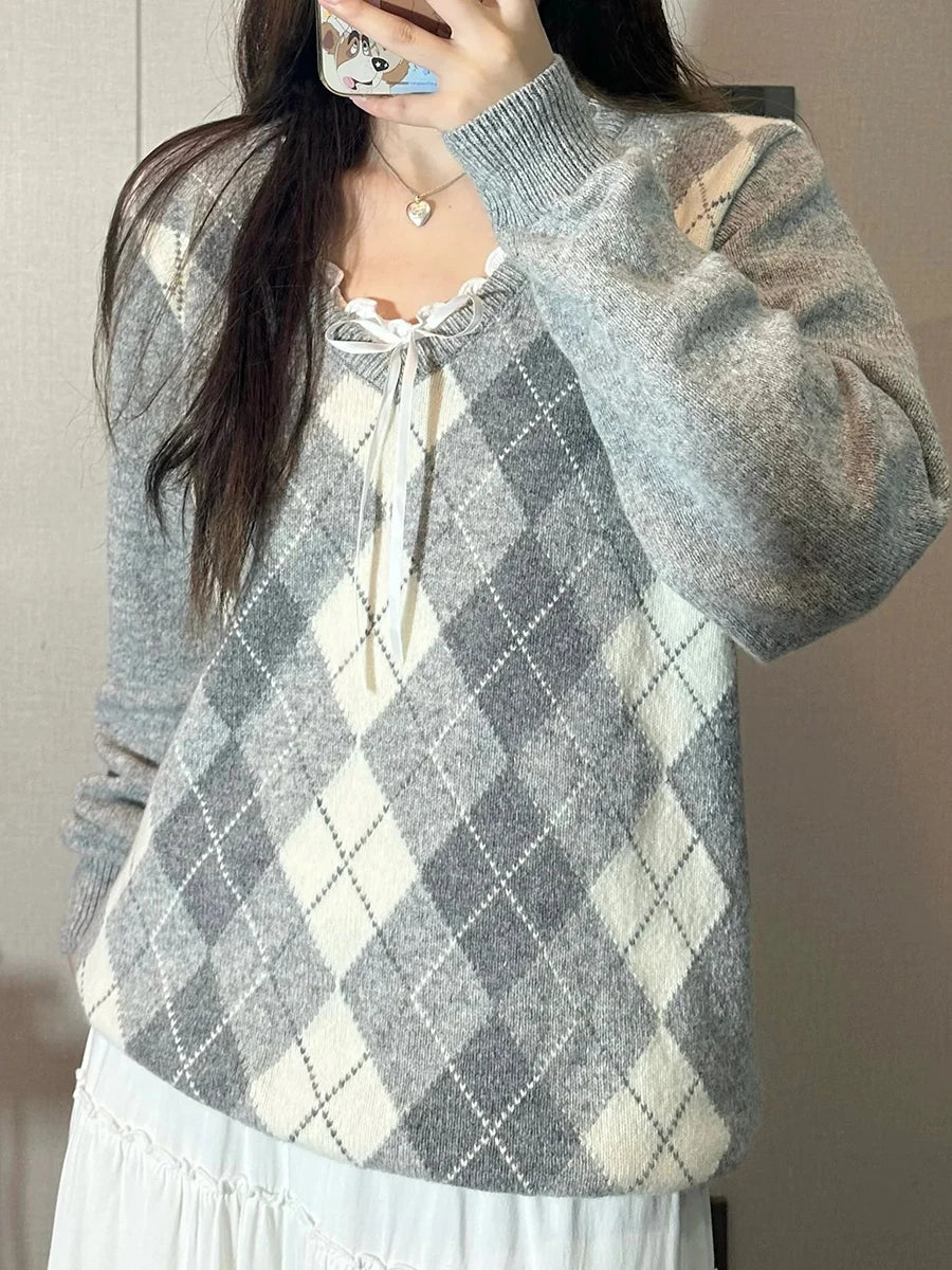 Fashion Loose Argyle Preppy Sweater Women Autumn Cotton V-neck Casual Long Sleeve Pullover Tops Streetwear Vintage Chic Jumpers