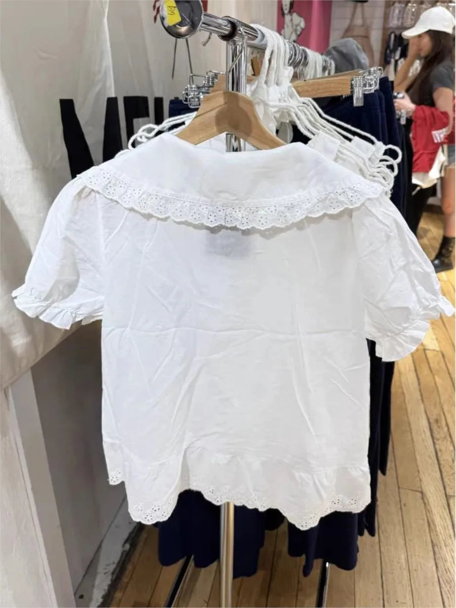 Cat Embroidery Lace Trim T-shirt Blouse Women Casual Pan Collar Single Breasted Short Sleeve Tee Sweet Cute Preppy Style T-shirt