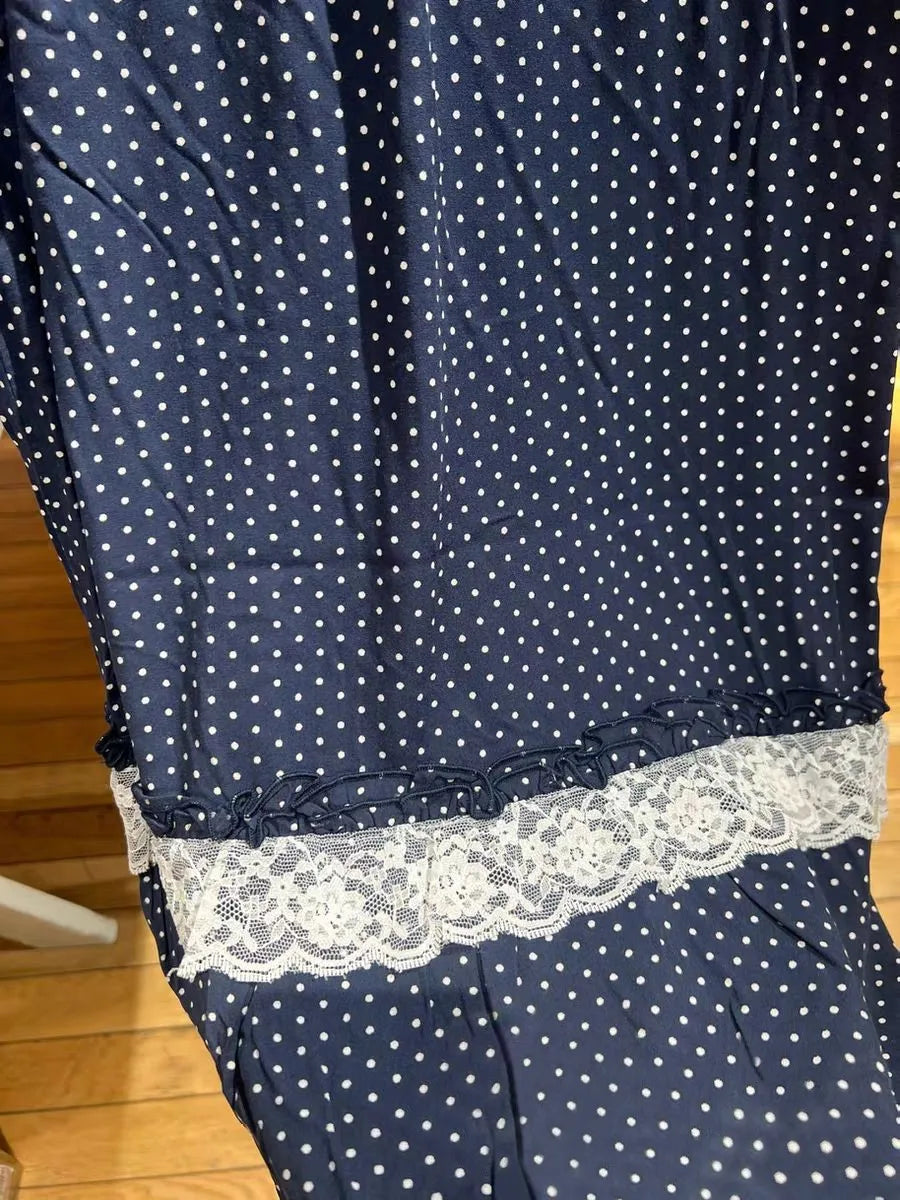 Navy Polka Dot Midi Skirt Women Summer Casual Lace Ruffles Patchwork A-line Long Faldas Female Sweet Vintage Preppy Style Skirts