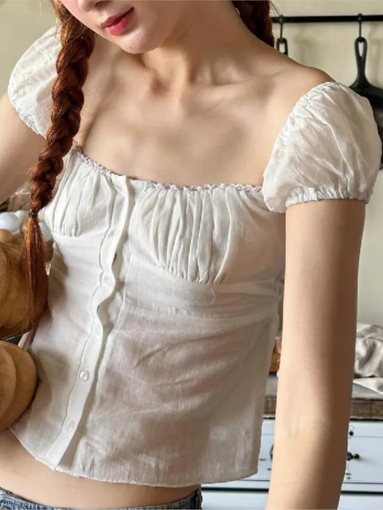 White Ruffle Sleeveless Blouse Top Women New Single Breasted Square Collar Tank Tops Vest Sweet Cute Preppy Style Camisole Y2K