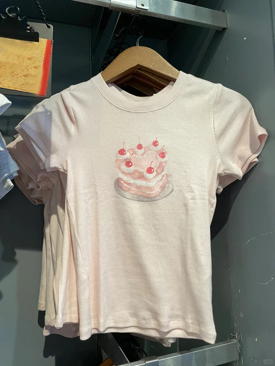 Sweet Pink Cake Graphic Ribbed T-shirt Summer New Round Neck Slim Short Sleeve Tees Women Casual All-match Cotton Crop Top Y2k