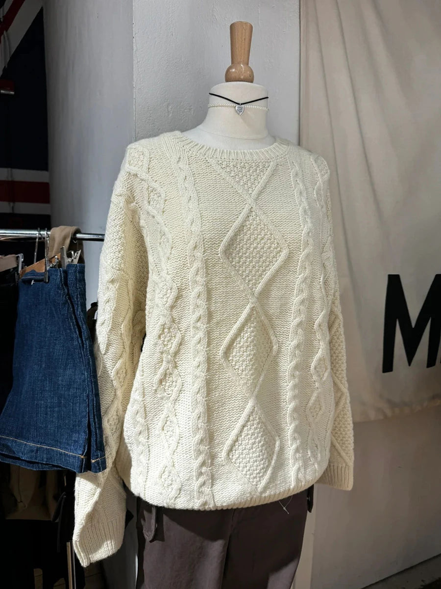 Sweet Beige Twist Flower Knit Sweater Woman Autumn Round Neck Long Sleeve Jumper Casual All-match Pullover Preppy Style Sweaters