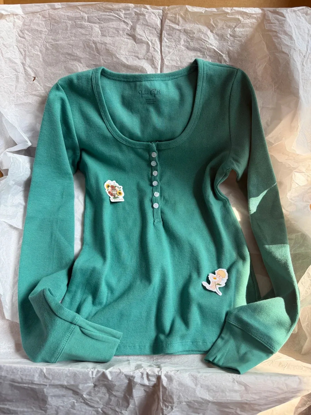 Green Vintage Ribbed Long Sleeve Tee Women's Autumn Six Button Cotton Casual Patchwork Slim T-Shirts Simple Chic Streetwear Tops