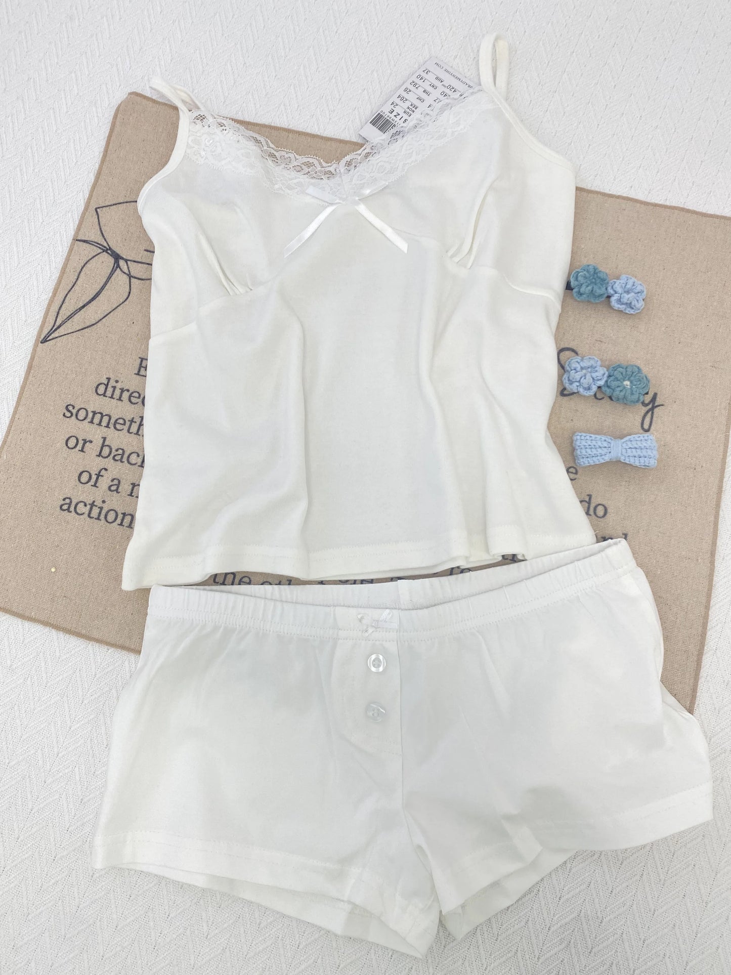 Sweet Bow White Tank Shorts Cotton Set Women Lace Trim V-neck Vest+Buttons Straight Short Boxer Short Pant Cute Home Pajama Sets