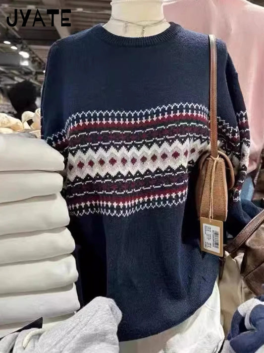 Fashion American Geometric Patchwork Knitted Pullover Tops Women Cotton Warm Loose Casual Jumper Vintage  Chic Y2K Sweaters New