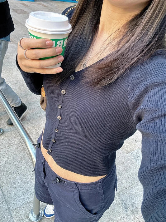 Solid Ribbed Knit Sweater Coat Women Autumn Cotton Soft Button Long Sleeve Jumper Tops Chic Slim Fashion Vintage Y2K Cardigans