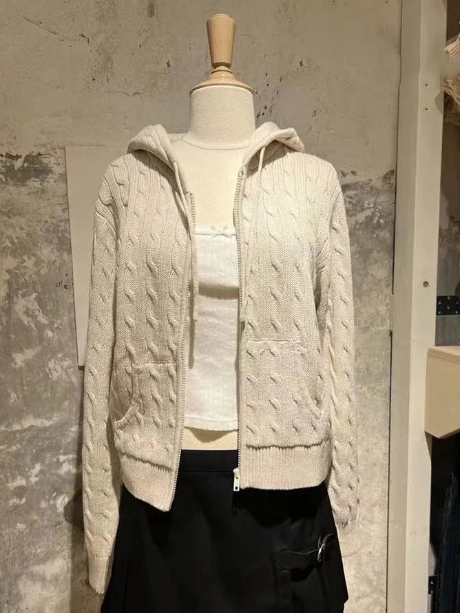 Sweet Twisted Flower Knitted Cardigan Sweater Women Long Sleeve Drawstring Hooded Zipper Streetwear Cute Sweaters Coat Y2K Tops