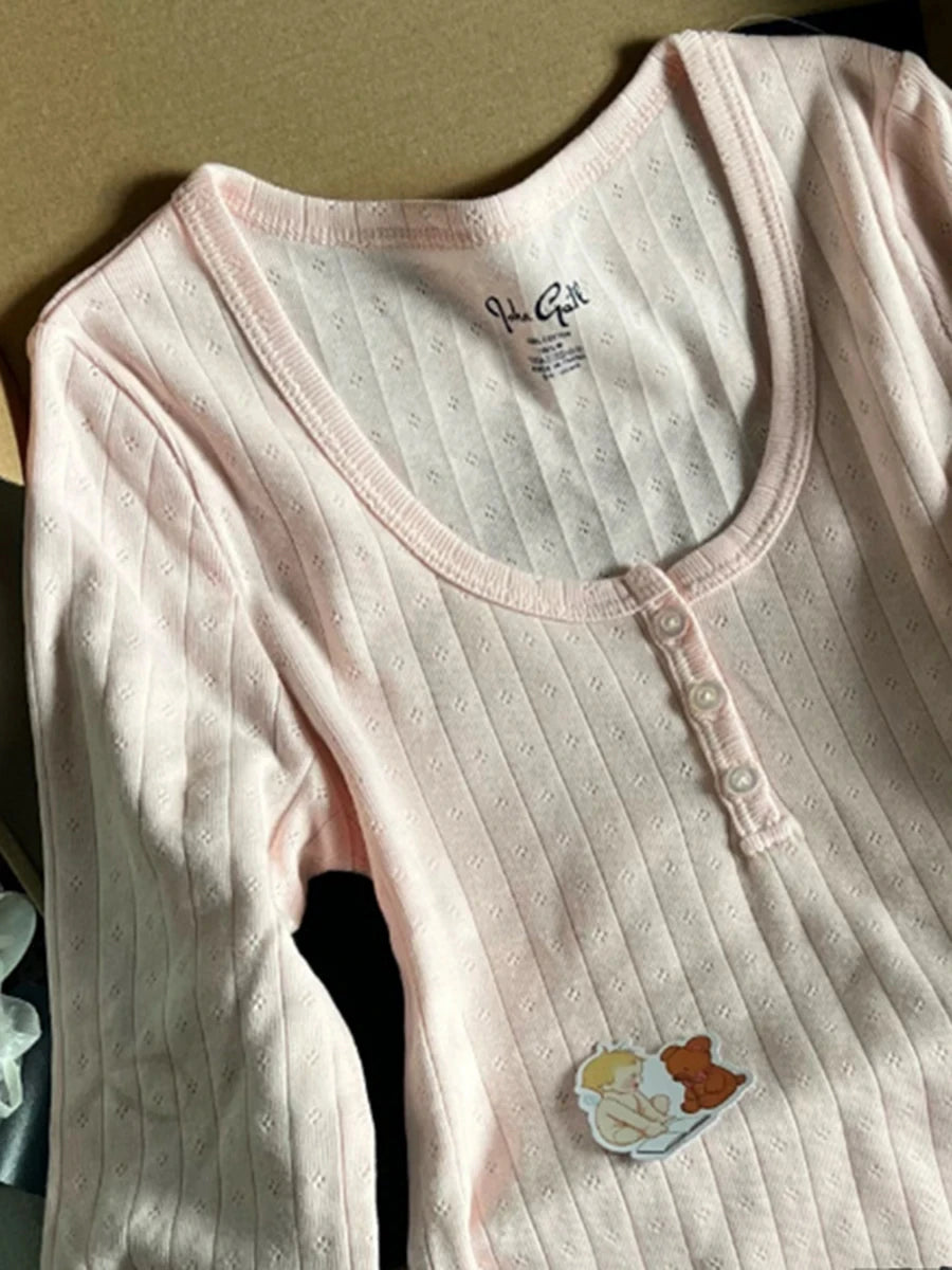 Navy Eyelet Three Buttons Long Sleeve T-Shirt New Autumn O-Neck Simple Slim Tee Top for Women Sweet Cute Basic Tshirt Y2k Tops