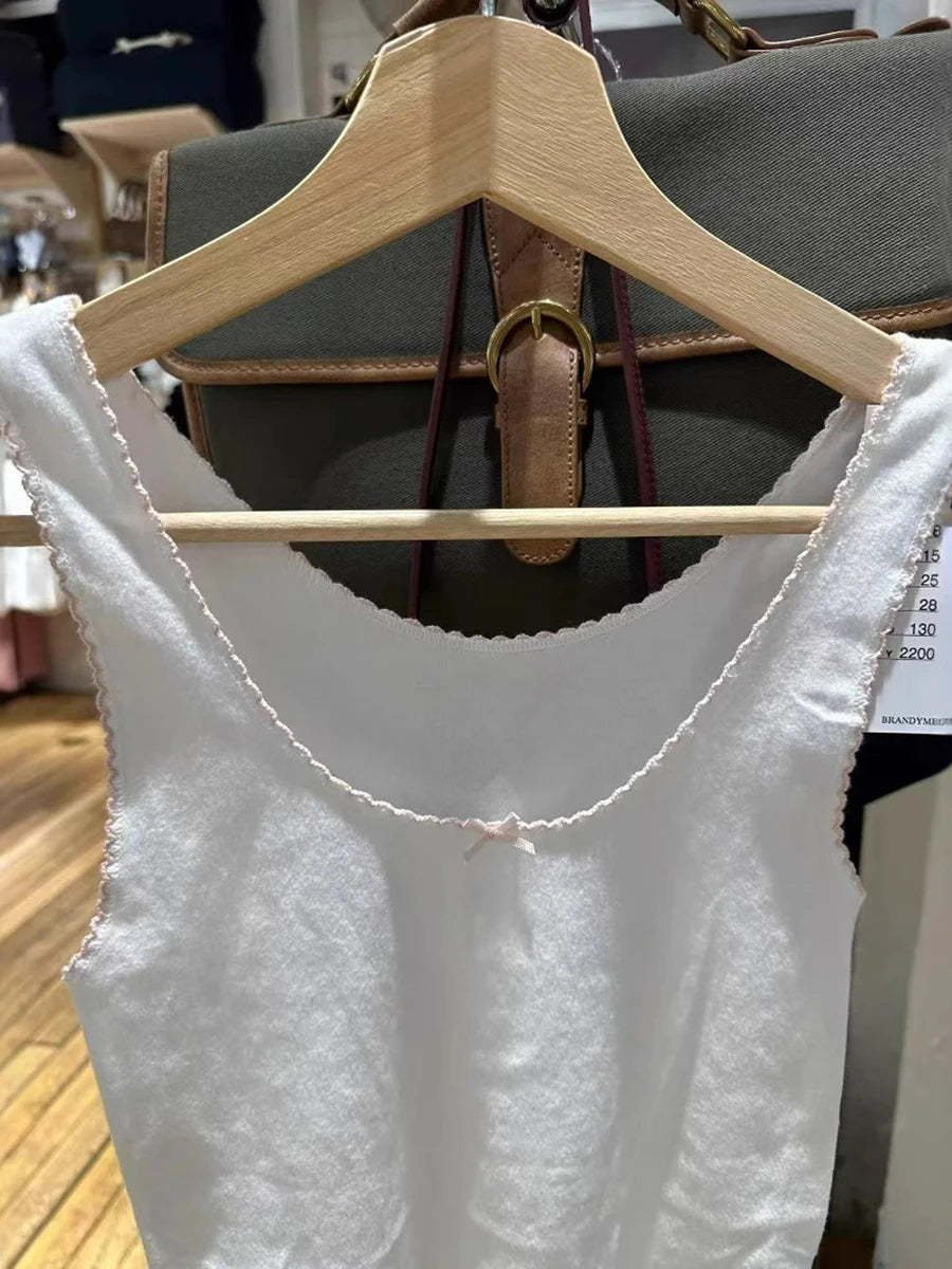 White Lace Trim Slim Tank Tops Women New Casual Cotton Soft Pink BowU-neck Sleeveless Vests Sweet Cute Preppy Style Camis Y2K