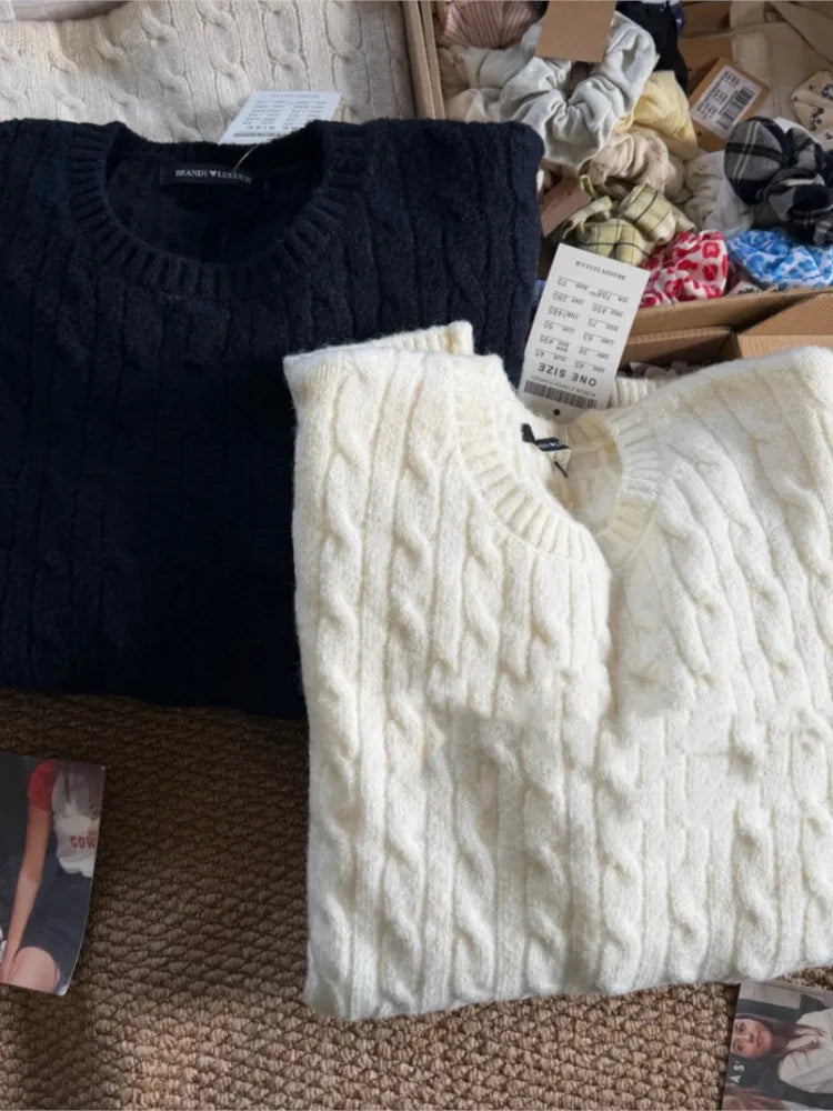 Twisit O-neck Knitted Sweater Women Autumn New Casual Loose Long Sleeve Pullover Tops Vintage Simple Chic Jumper Sweaters